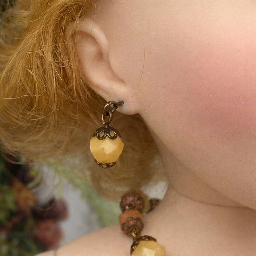 Brown Beige Bead Bronze Filigree Necklace Earrings Set for 18-22” Vintage Doll