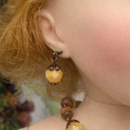 Brown Beige Bead Bronze Filigree Necklace Earrings Set for 18-22” Vintage Doll