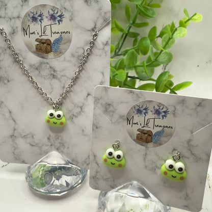 Keroppi Cute Frog Charm Necklace & Earrings Set • 18 Inch Fashion Doll Jewelry