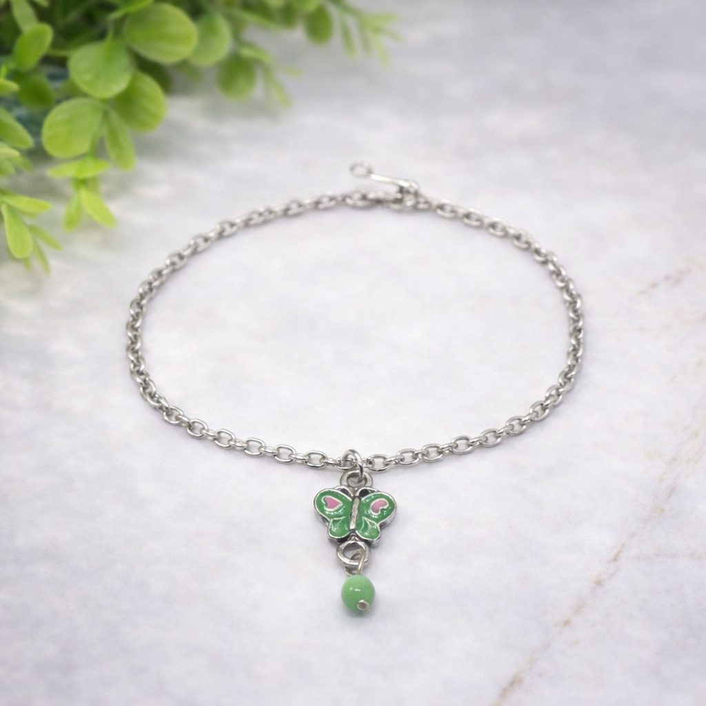 Green Pink Butterfly Charm Silver Chain Doll Necklace • 18 Inch Fashion Doll Jewelry
