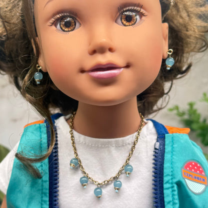 Dusty Blue Dangle Doll Necklace & Earrings Set • 18 Inch Fashion Doll Jewelry