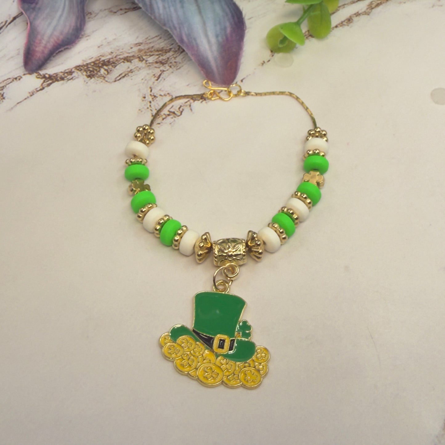 Leprechaun Hat Charm Green White Gold Beaded Doll Necklace • 18 Inch Fashion Doll Jewelry