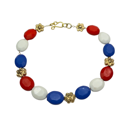 Red White Blue Beaded Gold Flower Americana Doll Necklace for 18 Inch Fashion Doll