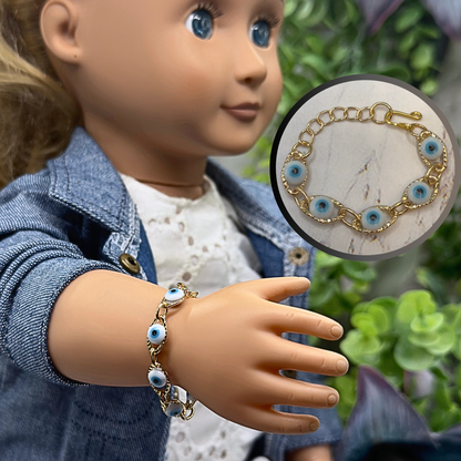 Blue Evil Eye Good Luck Gold Link Doll Bracelet • 18 Inch Fashion Doll Jewelry