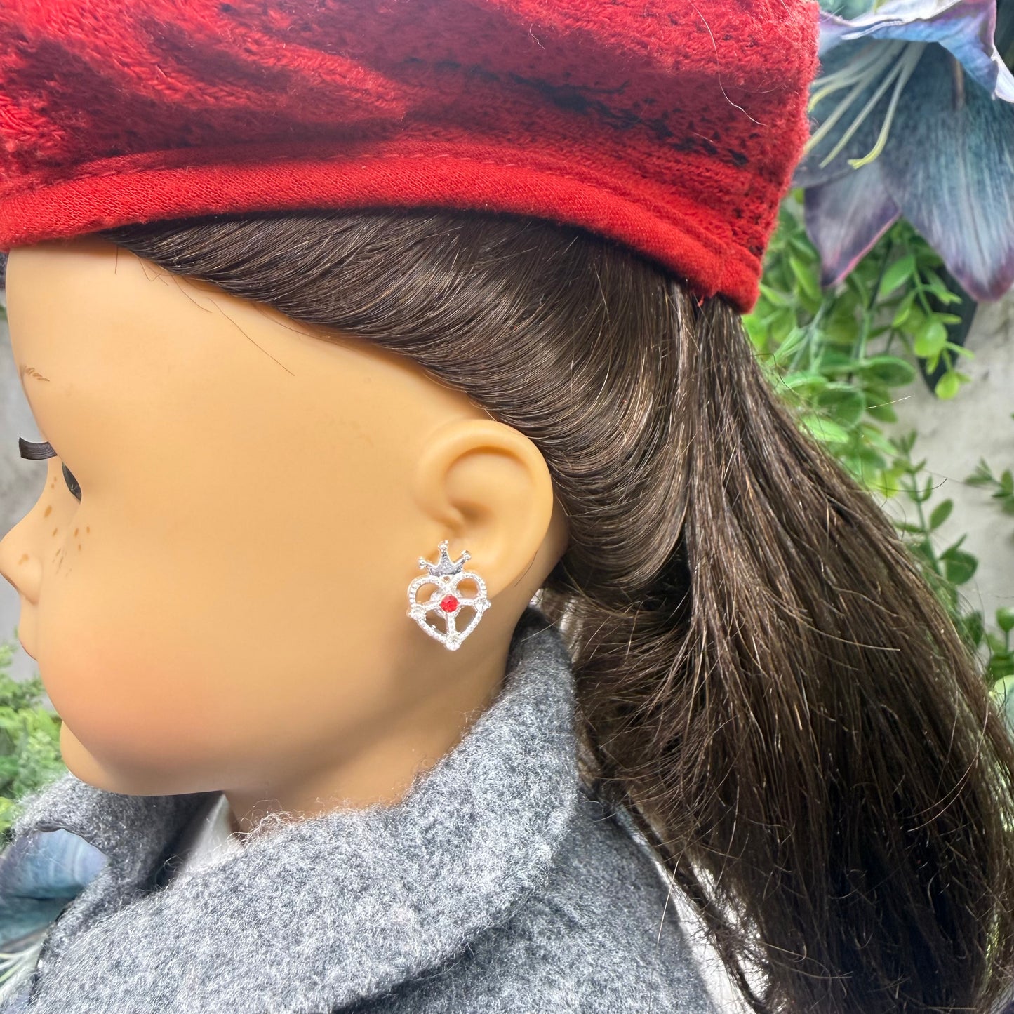 Silver Heart w/ Crown Red Rhinestone Post Doll Earrings • 2mm Post for 18 Inch Fashion Doll
