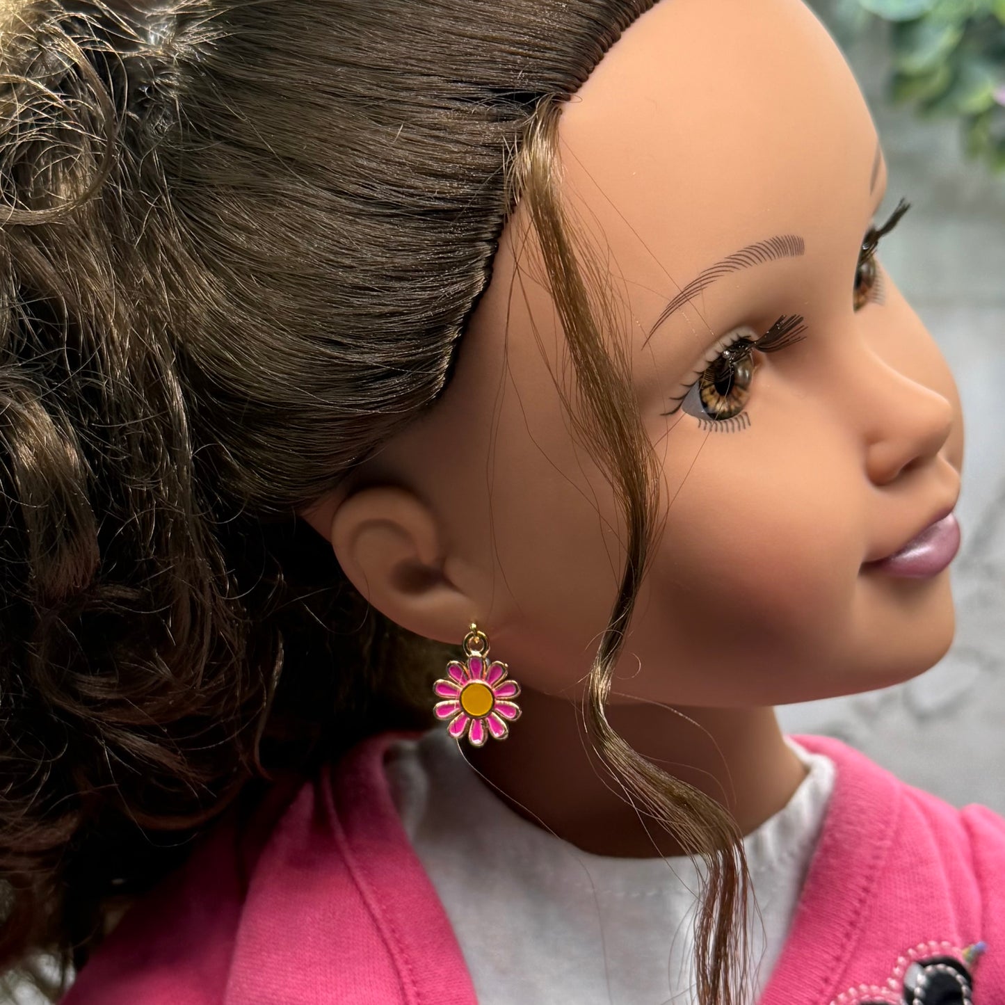 Hot Pink Daisy Flower Dangle Doll Earrings • 18 Inch Fashion Doll Jewelry