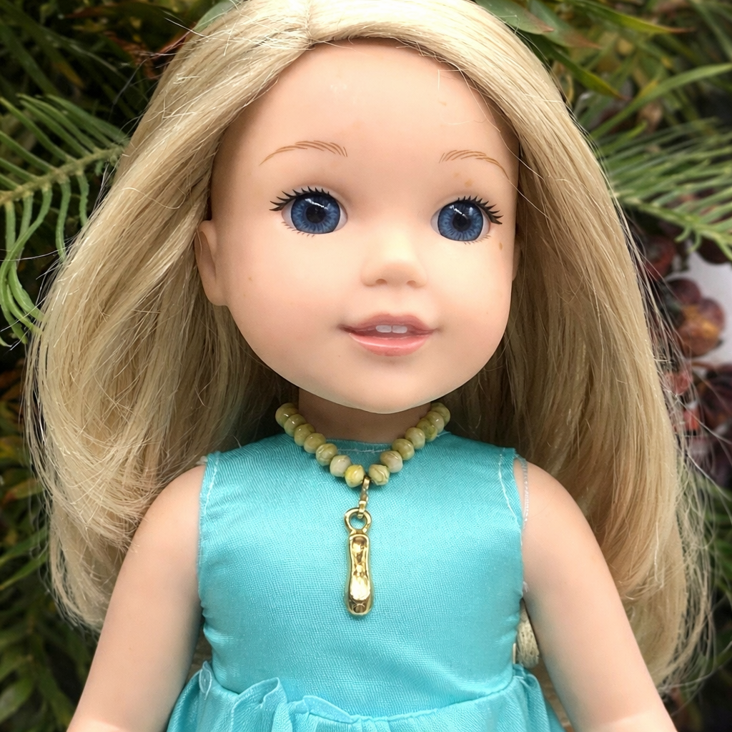 Green Glass Bead Gold Ballerina Slipper Charm Doll Necklace • 14” Fashion Doll Jewelry