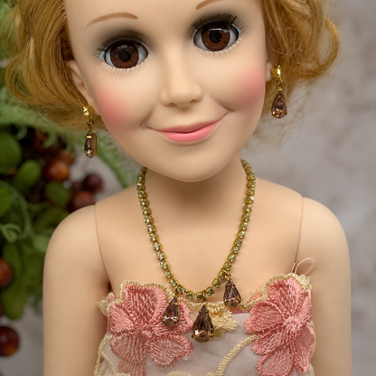 Teardrop Rhinestone Gold Doll Necklace Earrings Set 18-22” Vintage Doll Jewelry