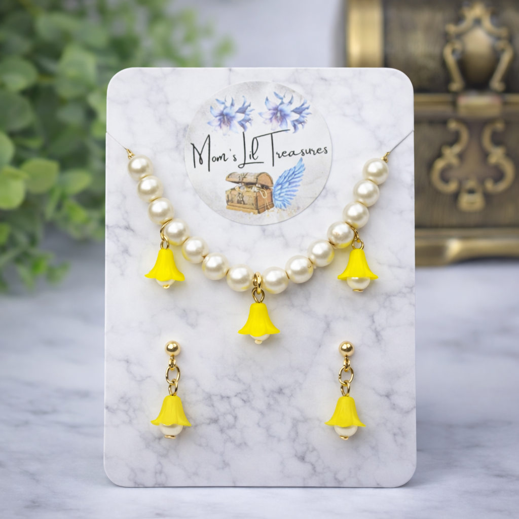 Light Yellow Bell Flower Dangle Pearl Beaded Doll Necklace & Earring • 14 Inch Fashion Doll Jewelry