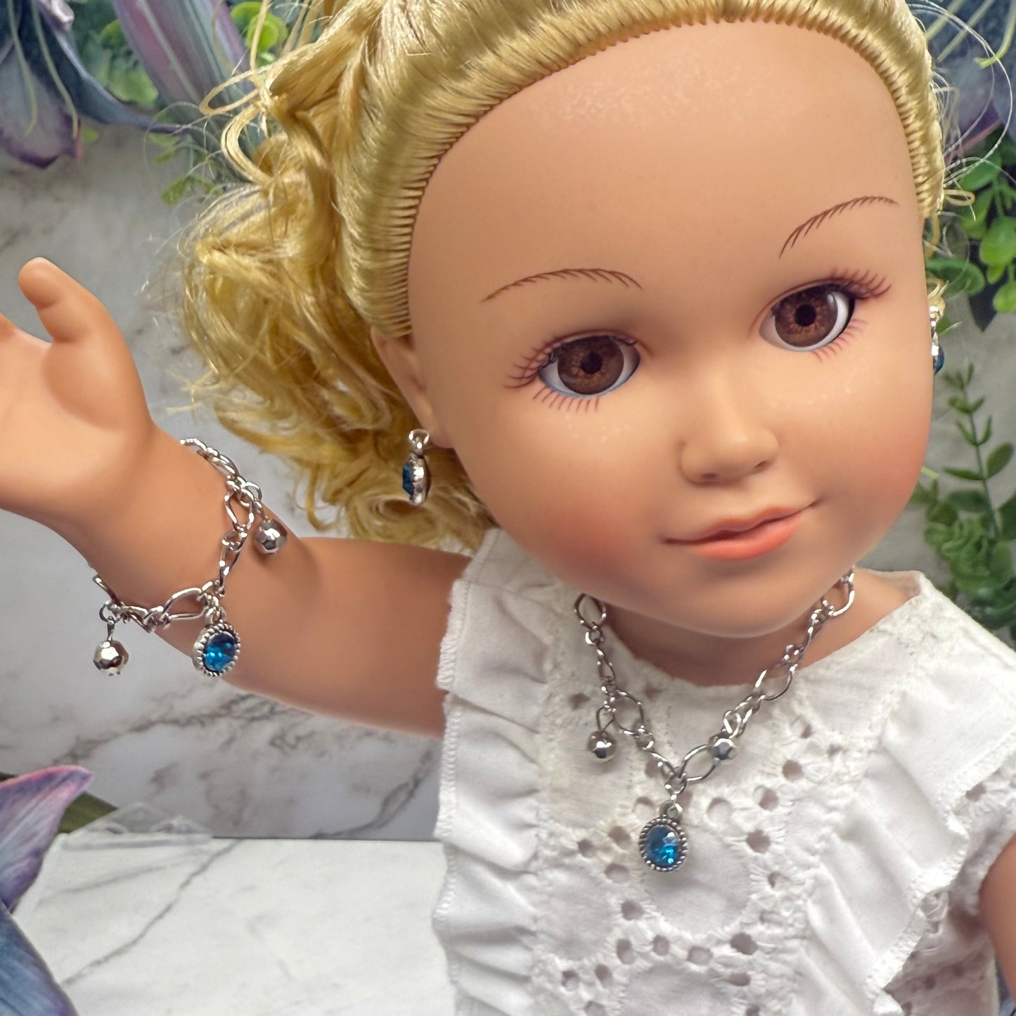 Round Turquoise Rhinestone Pendant Silver Link Doll Necklace Earrings Bracelet Set • 18 Inch Fashion Doll Jewelry