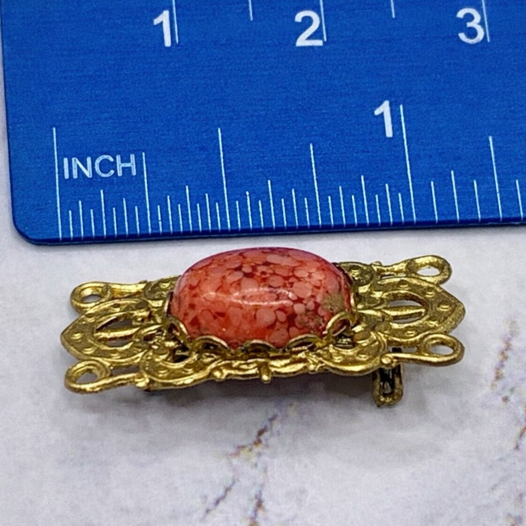 Gold Tone Filigree Design Rectangular Coral Accented Doll Pin • Doll Brooch