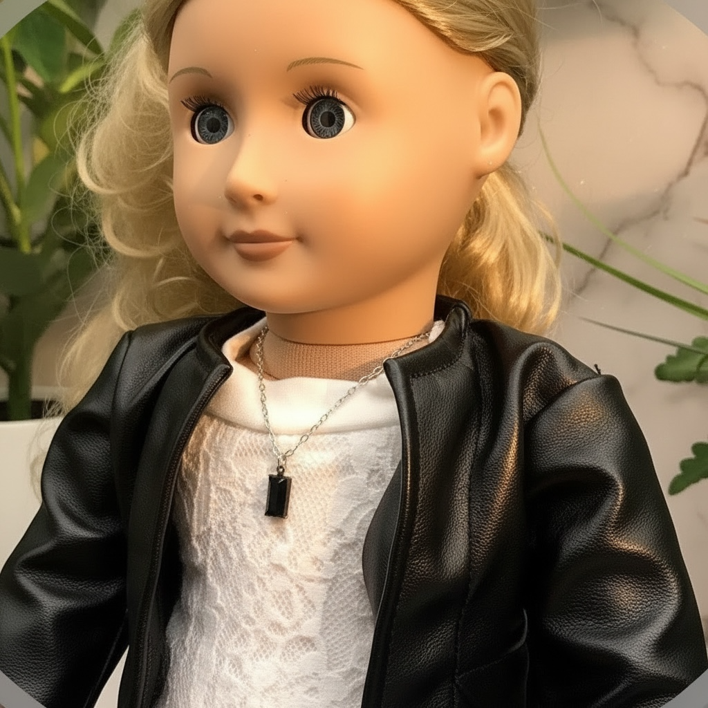 Black Glass Rectangular Pendant Silver Doll Necklace • 18 Inch Doll Jewelry