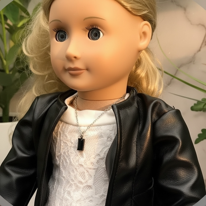 Black Glass Rectangular Pendant Silver Doll Necklace • 18 Inch Doll Jewelry