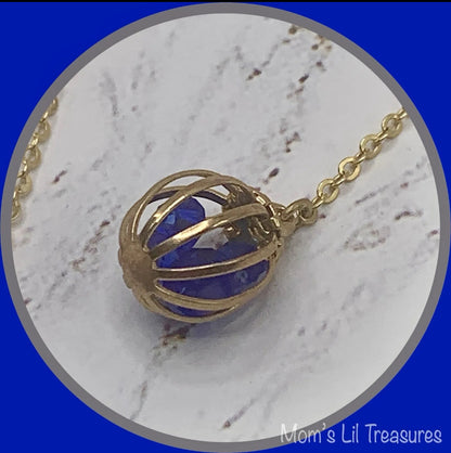 Blue Crystal and Gold Tone Chain Cage Bead Dangle Earrings - Handmade