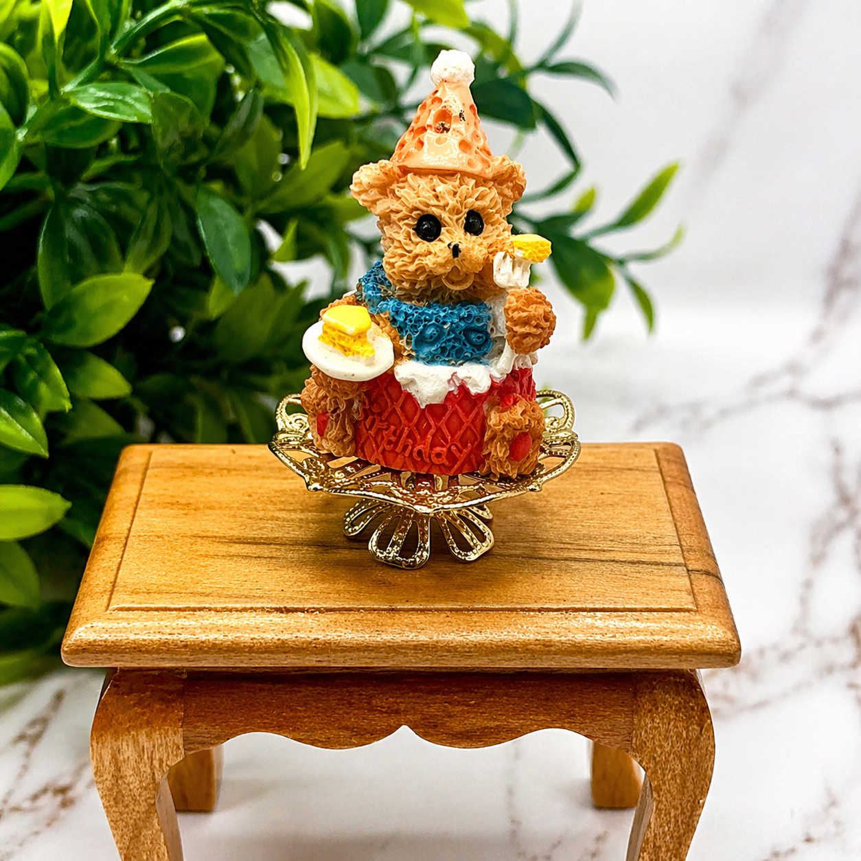 Dollhouse Miniatures • Teddy Bear Birthday Cake On Pedestal Platter
