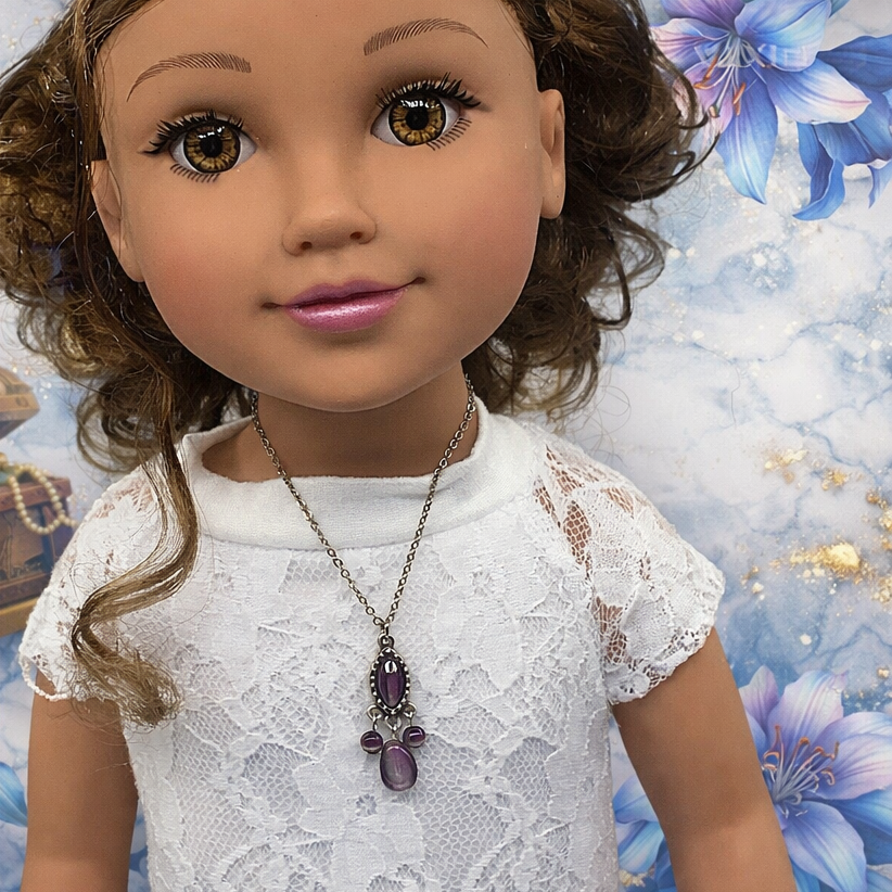 Misty Purple Cat’s Eye Glass Dangle Pendant Doll Necklace • 18 Inch Fashion Doll Jewelry
