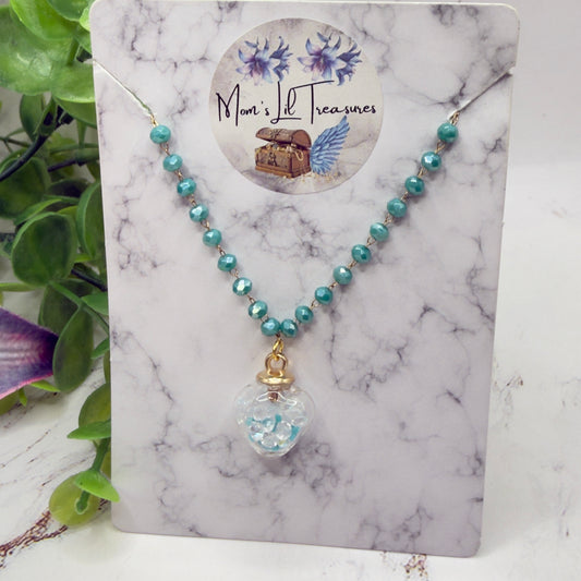 Clear Heart Charm W/ Crystals Turquoise Blue Glass Beaded Doll Necklace • 18 Inch Fashion Doll Jewelry