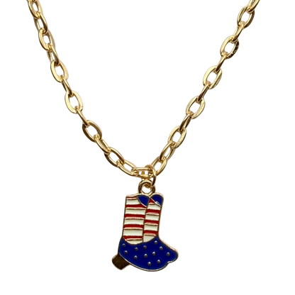 Red White Blue Flag Cowboy Boots Charm Gold Chain Doll Necklace for 18 Inch Fashion Doll