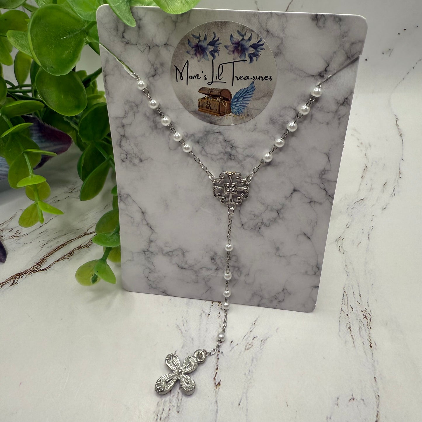 White Pearl Silver Chain & Cross • Doll Size Catholic Rosary for 18-22” Fashion or Vintage Dolls