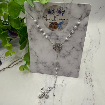 White Pearl Silver Chain & Cross • Doll Size Catholic Rosary for 18-22” Fashion or Vintage Dolls