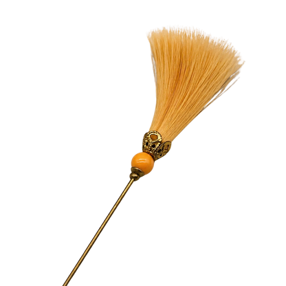 Peach Orange Fiber Tassel Broom Gold Tone Filigree • 7.25” Hatpin - Stick Pin