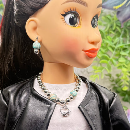 Turquoise Blue Swirl & Silver Beaded Doll Necklace & Earrings Set • 18 Inch Fashion Doll Jewelry
