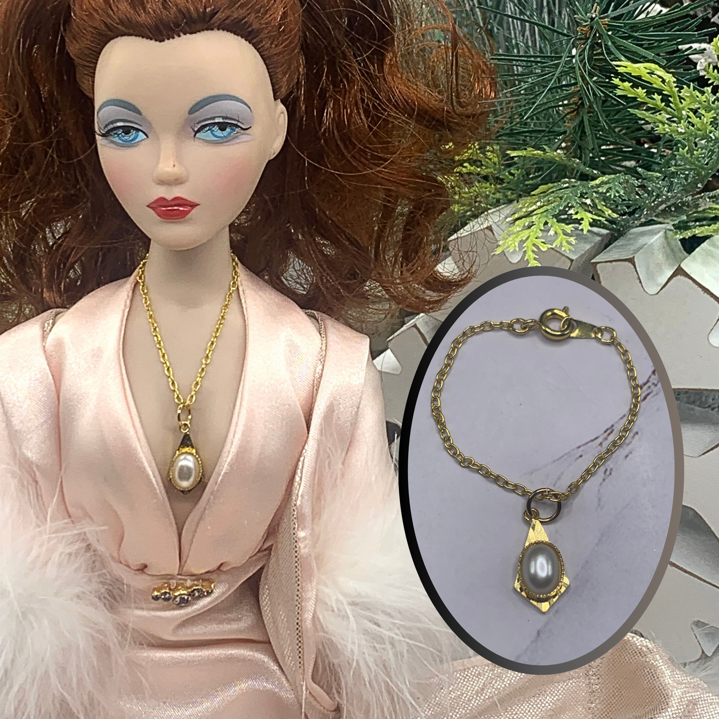 Pearl Gold Pendant Gold Tone Chain Doll Necklace • 16” Fashion Doll Necklace