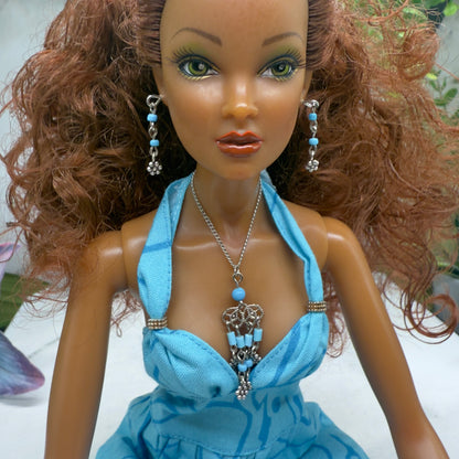 Turquoise Light Blue Accent Dangle Doll Necklace & Earrings Set • 16 Inch Fashion Doll Jewelry