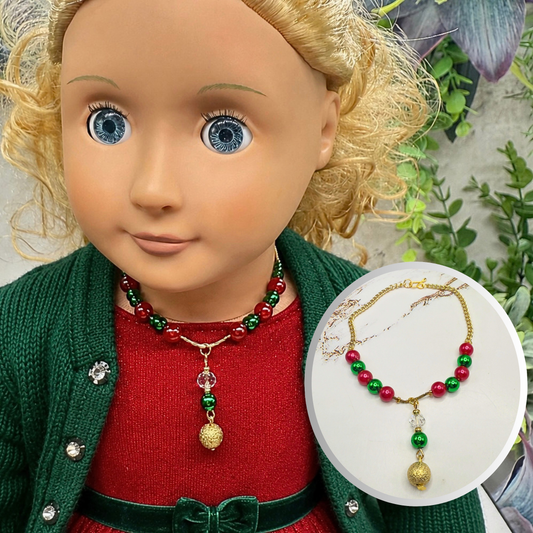 Green & Pinkish Red Pearly Bead Gold Chain Christmas Doll Necklace • 18 Inch Fashion Doll Jewelry