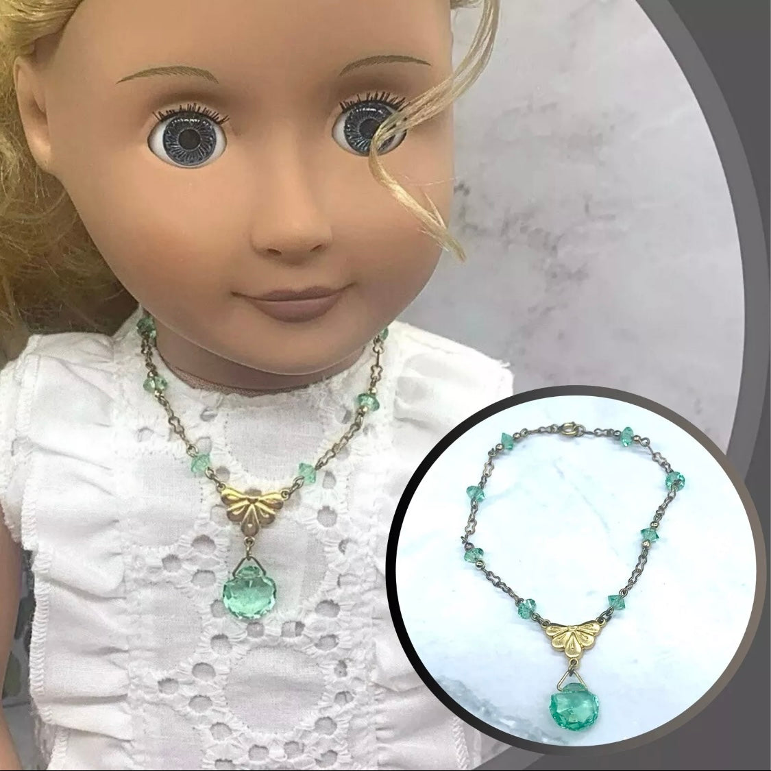 Green Glass Crystal Pendant Gold Doll Necklace • 18 Inch Fashion Doll Jewelry