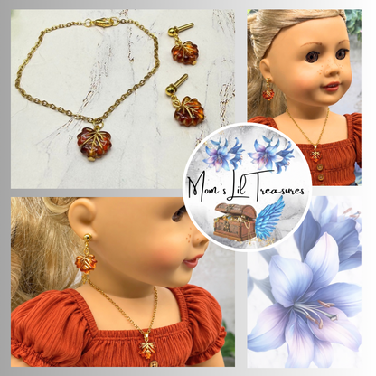Autumn Fall Leaf Dangle 2mm Post Doll Earrings & Necklace | fits 18 Inch Dolls • American Girl