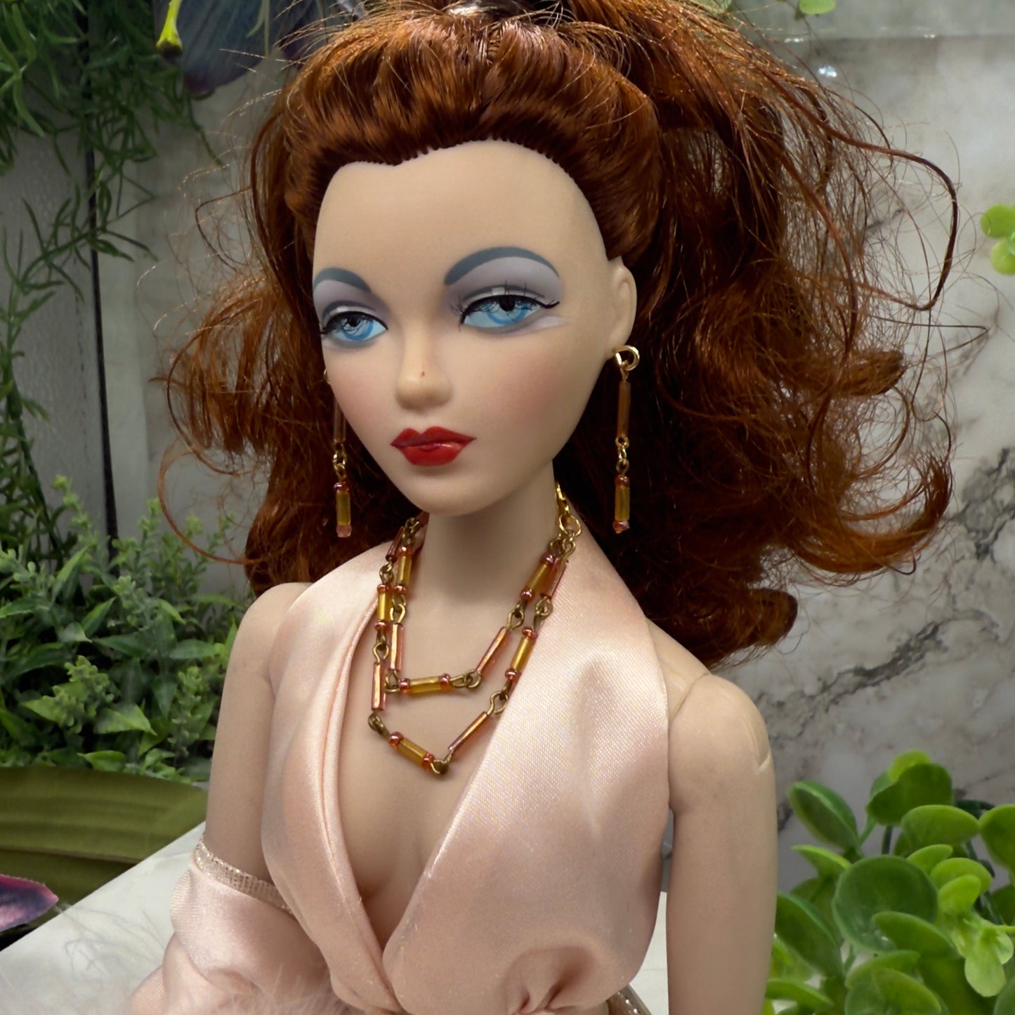 Pink Orange Glass Doll Necklace Earrings Set • 16” Fashion Doll Jewelry