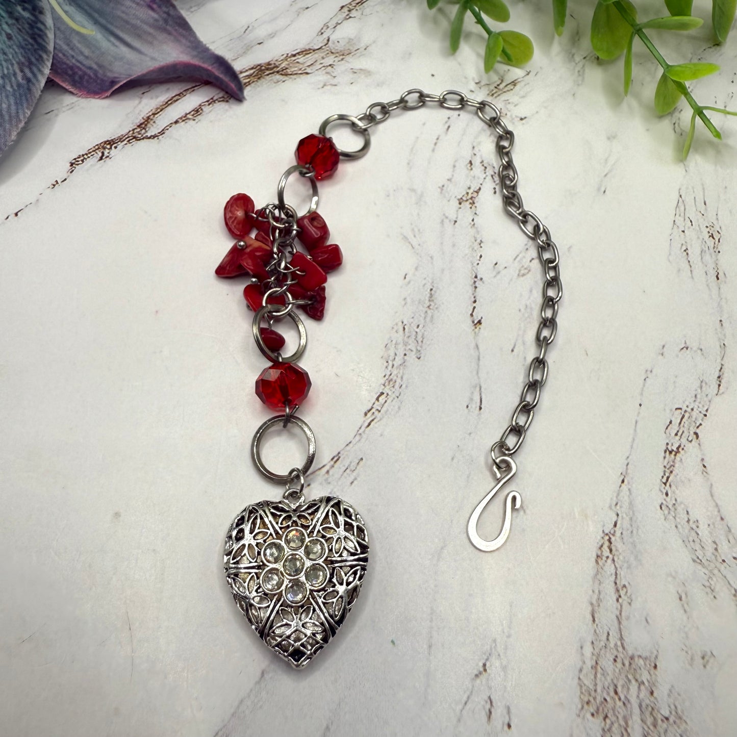 Red Stone Dangle Silver Heart Rhinestone Accents • Car Mirror Charm / Sun Catcher