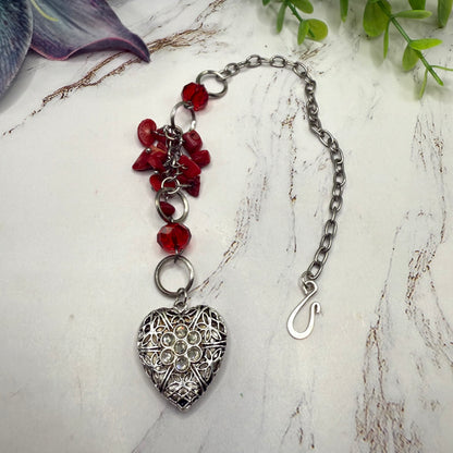 Red Stone Dangle Silver Heart Rhinestone Accents • Car Mirror Charm / Sun Catcher