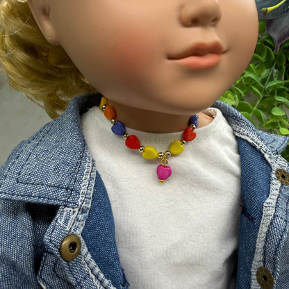 Rainbow Multi Color Heart Bead Doll Necklace • 18 Inch Fashion Doll Jewelry