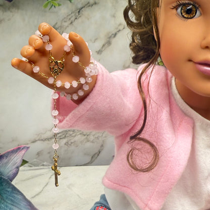 Light Pink Glass Crystal Gold Cross • Doll Size Catholic Rosary for 18-22” Fashion or Vintage Dolls