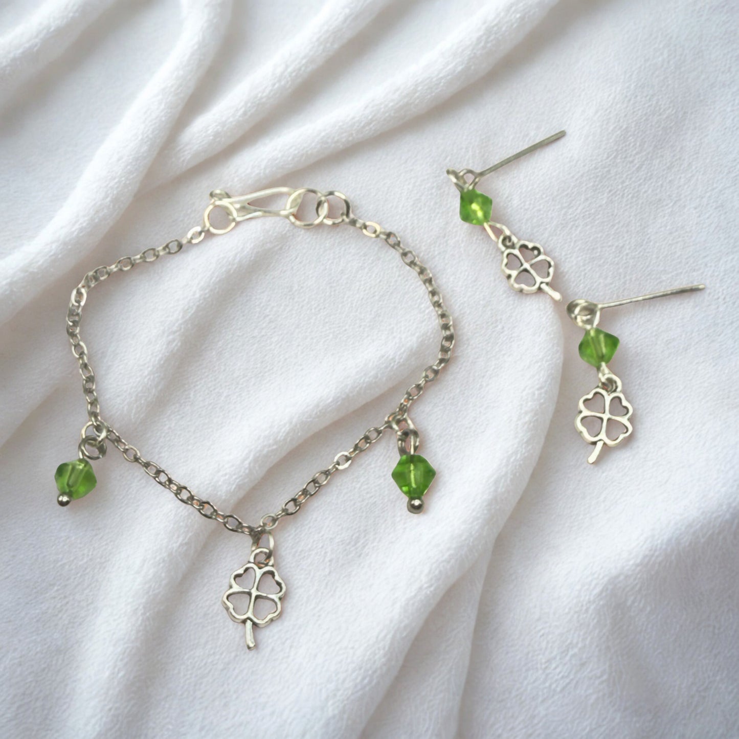 Silver Shamrock Charms Green Crystal Dangles Doll Necklace & Earrings • 14 Inch Fashion Doll Jewelry