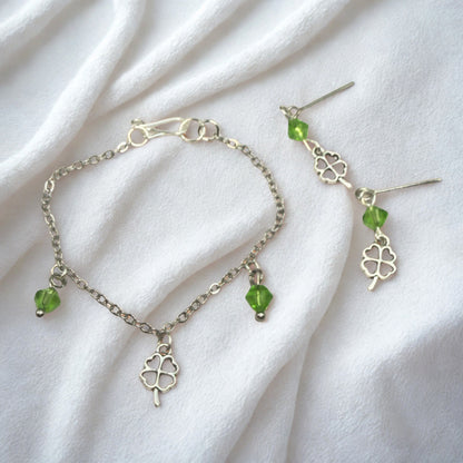 Silver Shamrock Charms Green Crystal Dangles Doll Necklace & Earrings • 14 Inch Fashion Doll Jewelry