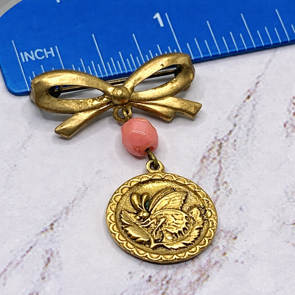 Gold Tone Bow Pin Pink Bead Gold Butterfly Flower Design Dangle • Doll Brooch