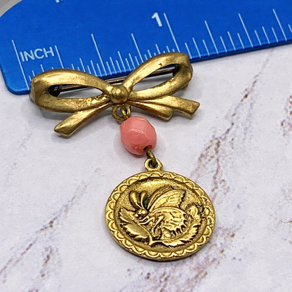 Gold Tone Bow Pin Pink Bead Gold Butterfly Flower Design Dangle • Doll Brooch