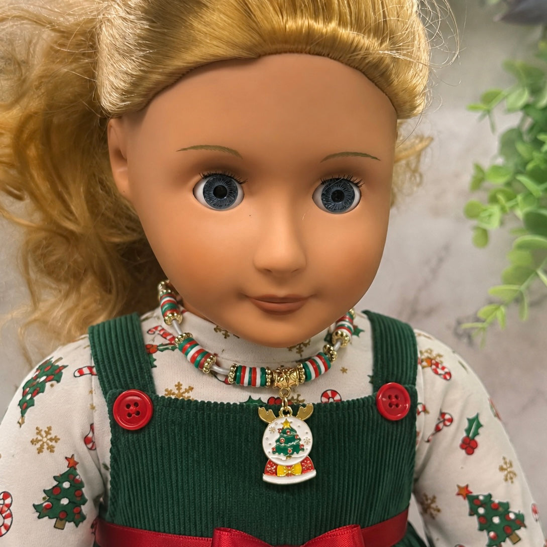 Christmas Snow Globe Charm Acrylic Beaded White Fabric Cord Doll Necklace • 18 Inch Fashion Doll Jewelry