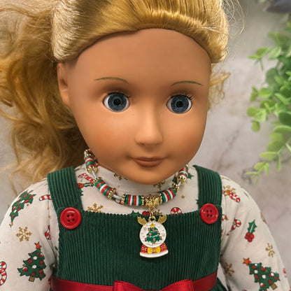Christmas Snow Globe Charm Acrylic Beaded White Fabric Cord Doll Necklace • 18 Inch Fashion Doll Jewelry