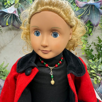 Green & Pinkish Red Pearly Bead Gold Chain Christmas Doll Necklace • 18 Inch Fashion Doll Jewelry