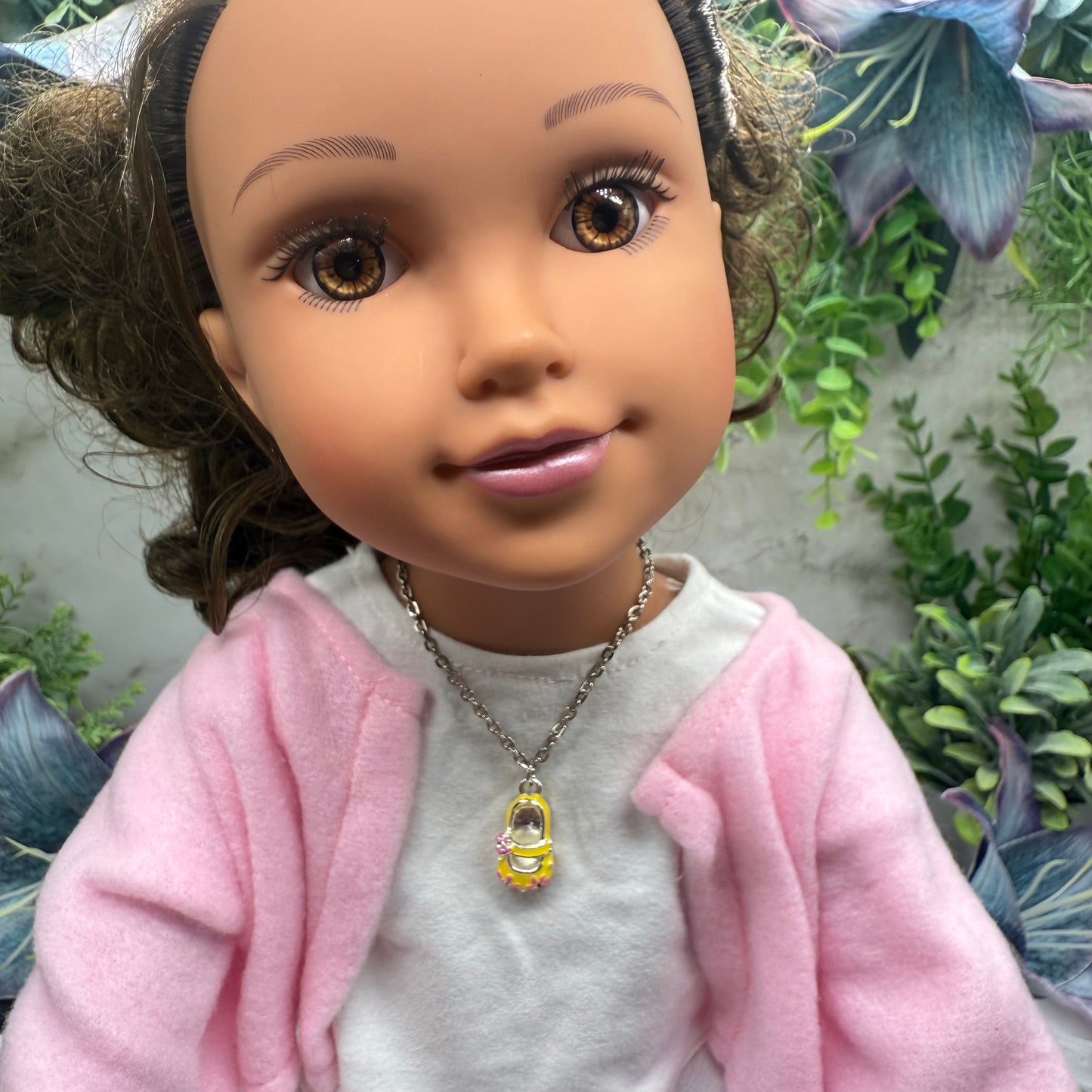 Yellow Marie Jane Shoe Charm w/ Pink Flowers Doll Necklace • 18 Inch Fashion Doll Jewelry