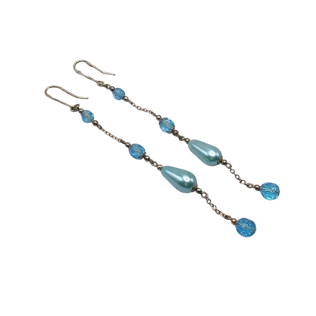 Handmade Duster Dangle Earrings -  Turquoise Crystal Faux Pearl Gold Tone Chain