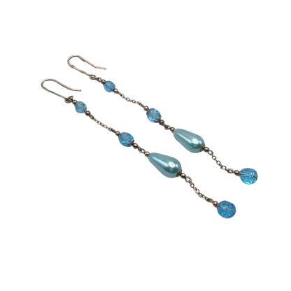 Handmade Duster Dangle Earrings -  Turquoise Crystal Faux Pearl Gold Tone Chain