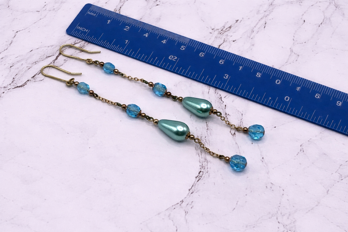 Handmade Duster Dangle Earrings -  Turquoise Crystal Faux Pearl Gold Tone Chain