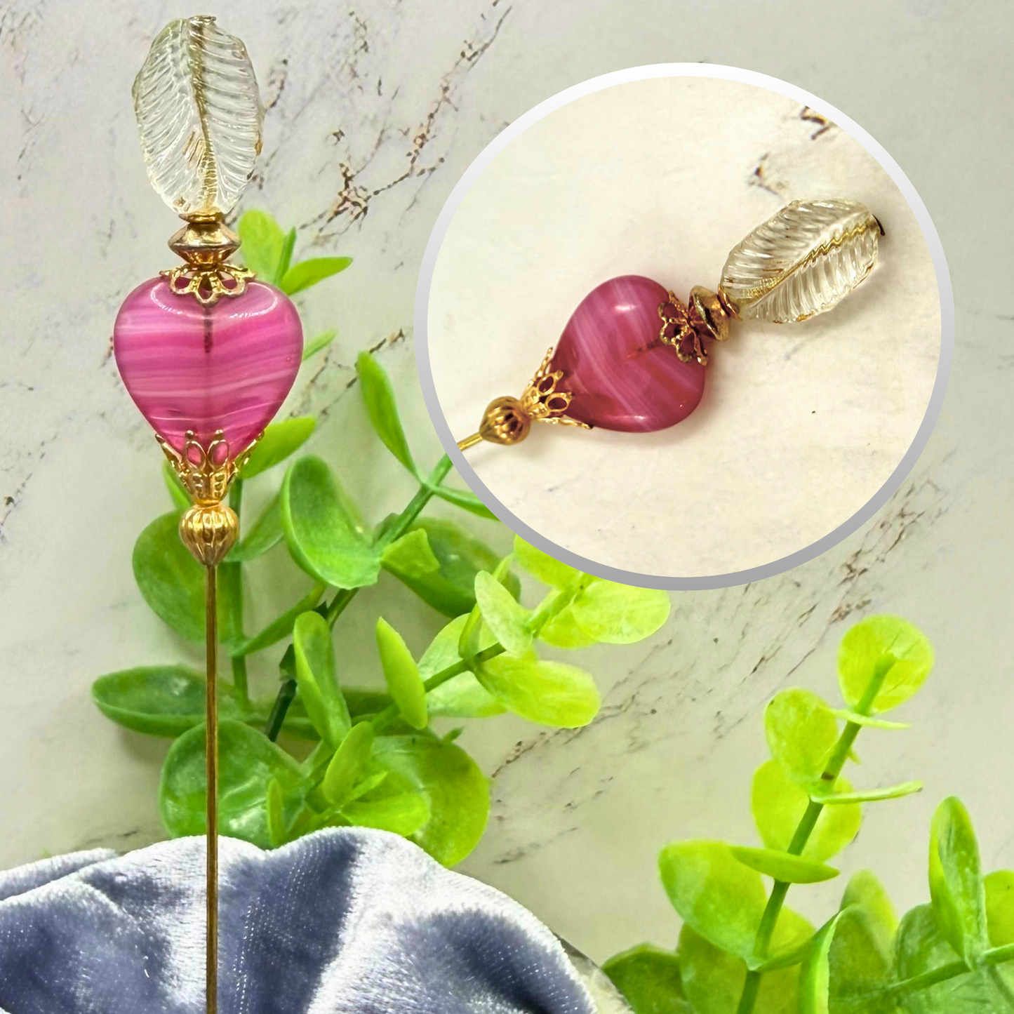 Pink Swirl Design Glass Heart Clear Leaf Top Gold Filigree - 6 Inch • Hatpin - Stick Pin