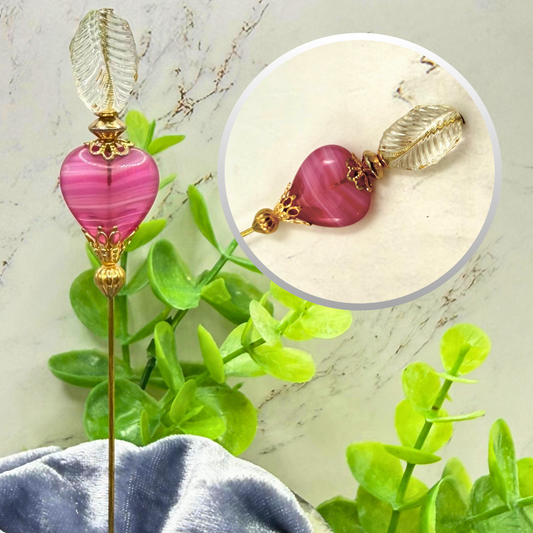 Pink Swirl Design Glass Heart Clear Leaf Top Gold Filigree - 6 Inch • Hatpin - Stick Pin