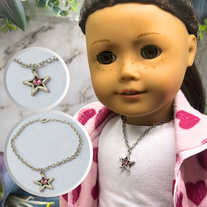 Silver Star Pink Rhinestone Charm Doll Necklace • 18 Inch Fashion Doll Jewelry